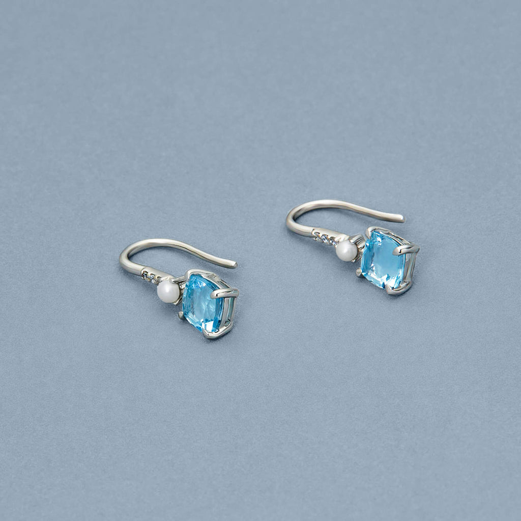 Cushion Cut Aquamarine and Pearl Drop Earrings