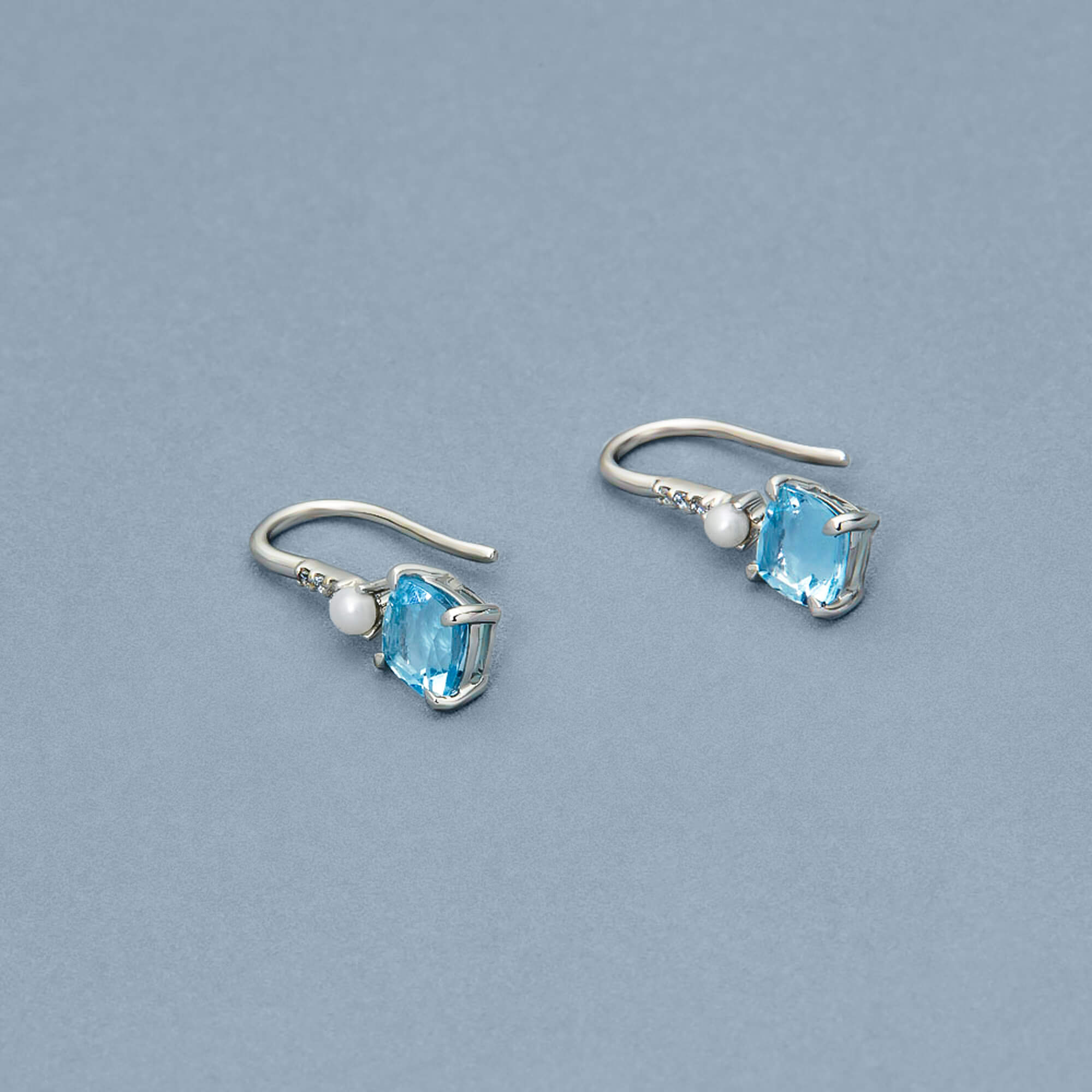 Cushion Cut Aquamarine and Pearl Drop Earrings