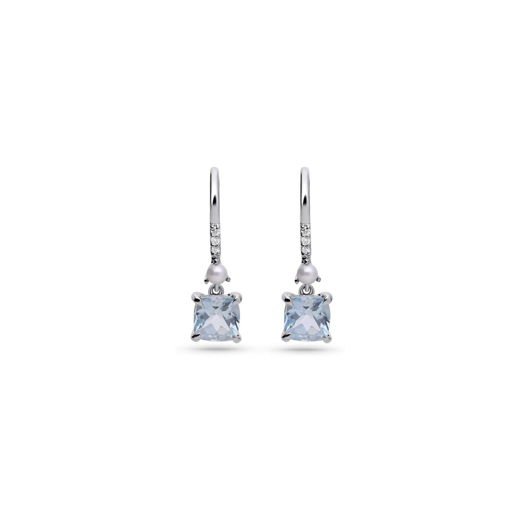 Cushion Cut Aquamarine and Pearl Drop Earrings