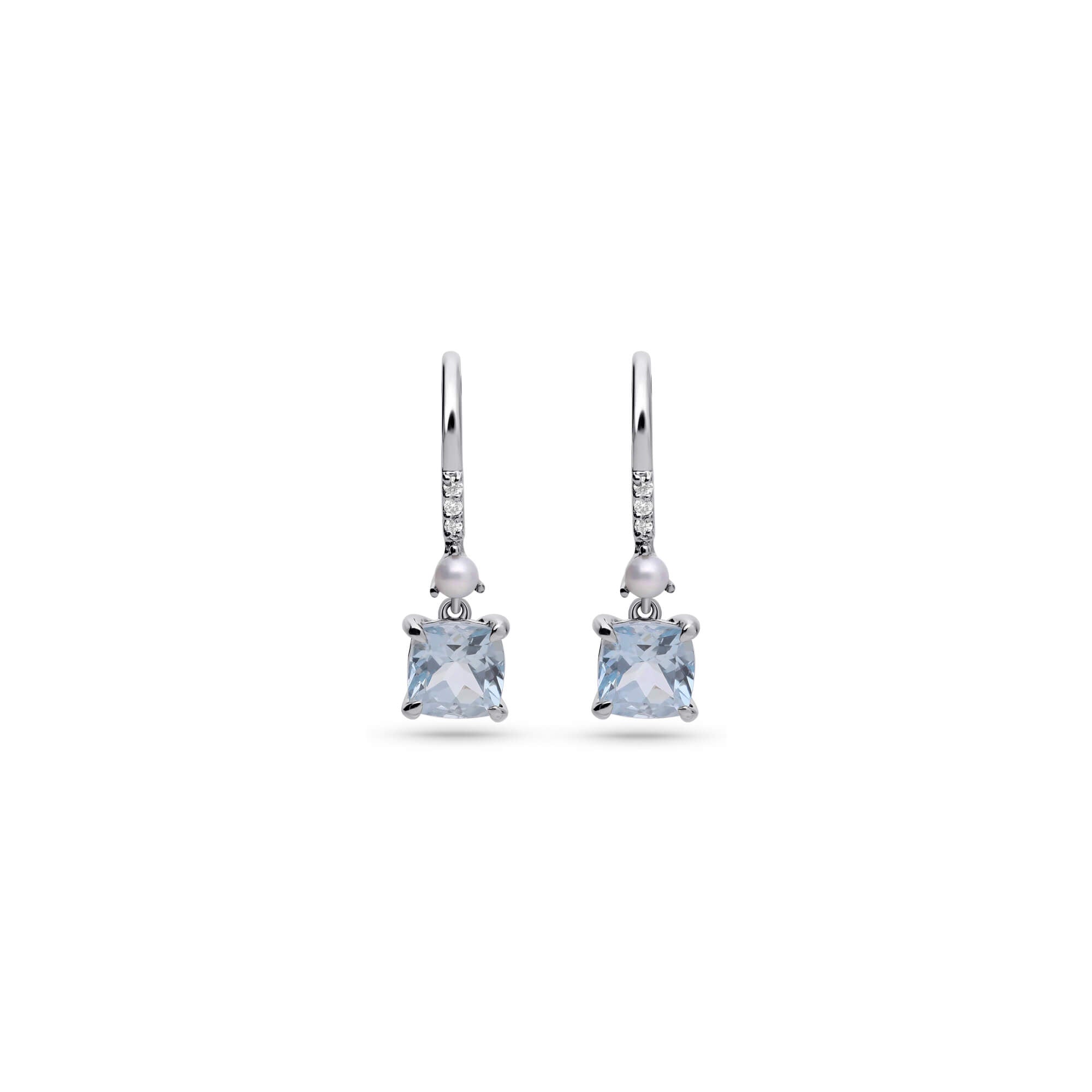 Cushion Cut Aquamarine and Pearl Drop Earrings