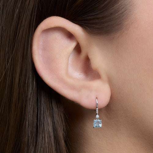 Cushion Cut Aquamarine and Pearl Drop Earrings