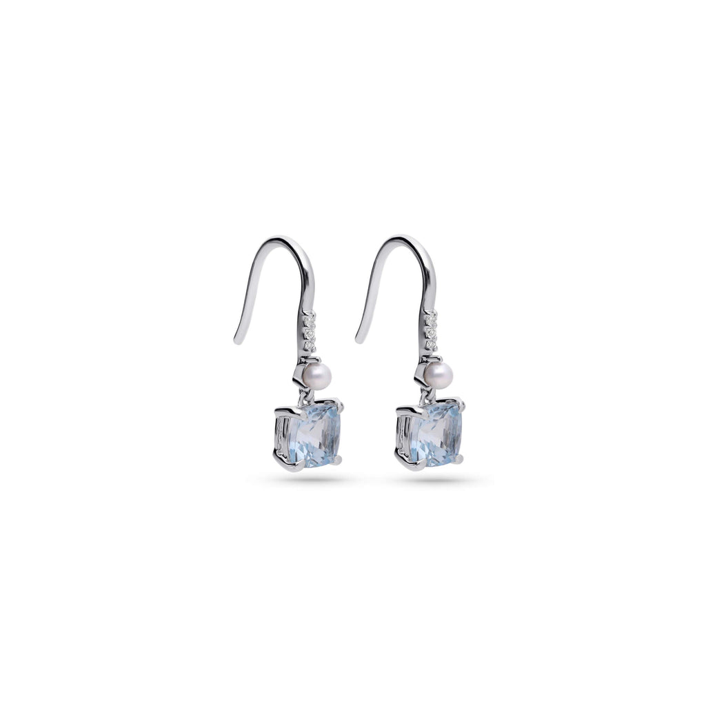 Cushion Cut Aquamarine and Pearl Drop Earrings