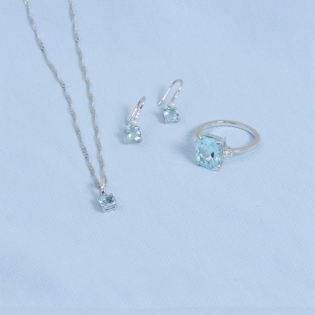 Cushion Cut Aquamarine and Pearl Drop Earrings