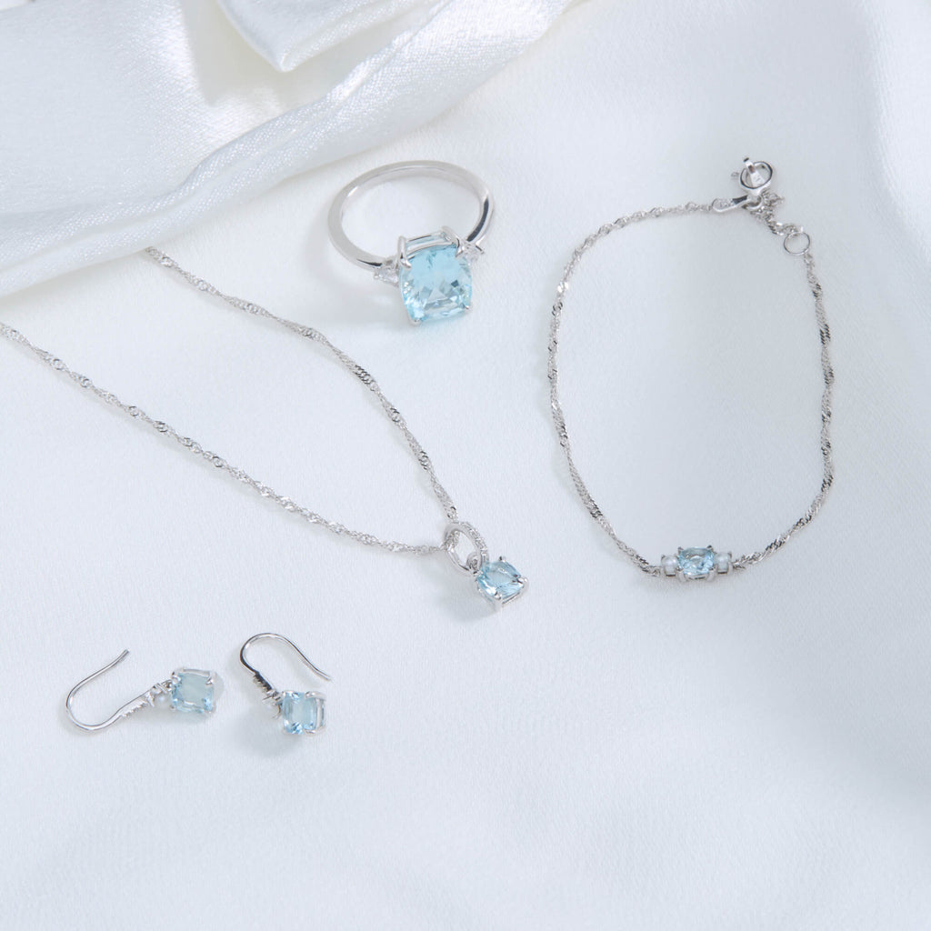 Cushion Cut Aquamarine and Pearl Drop Earrings