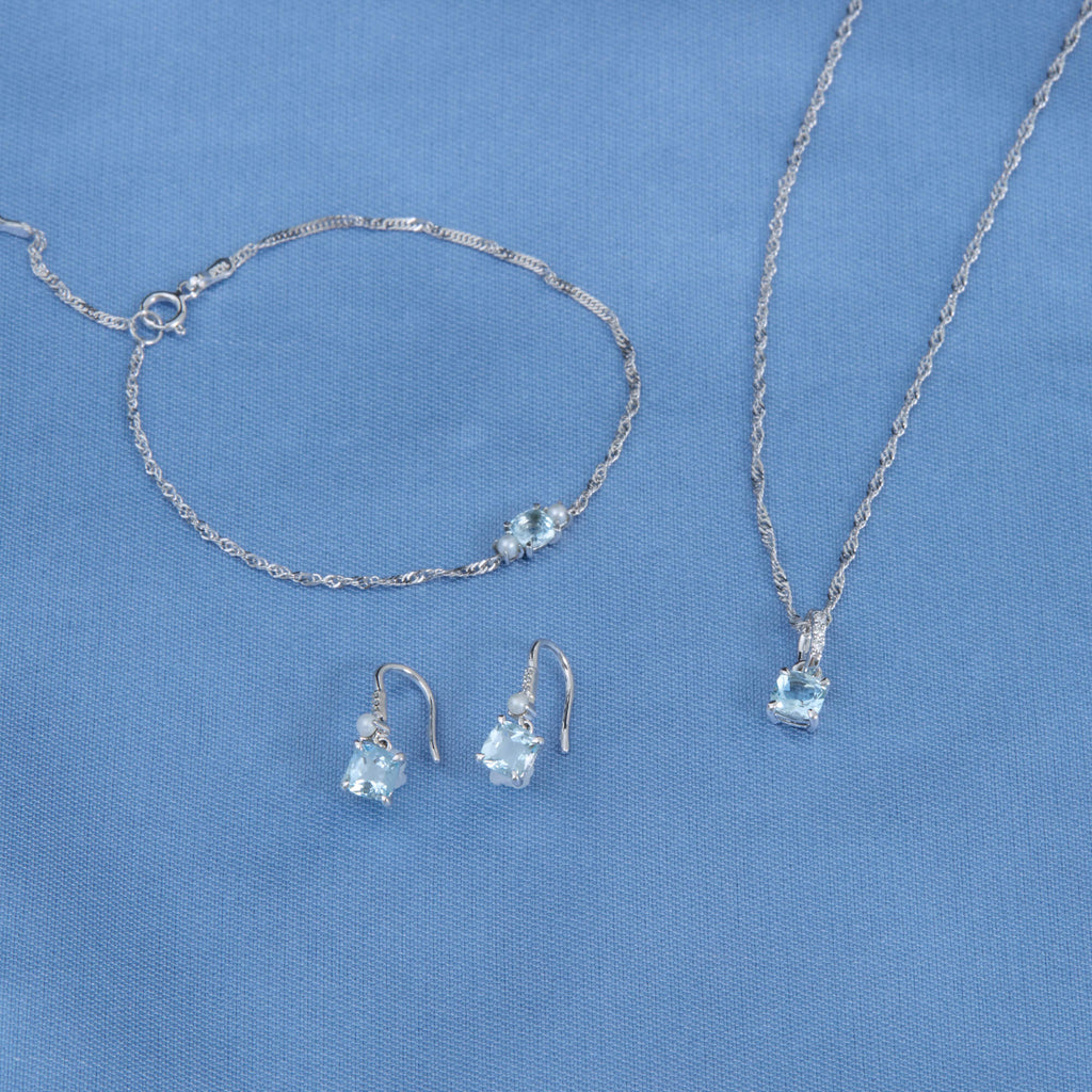 Cushion Cut Aquamarine and Pearl Drop Earrings